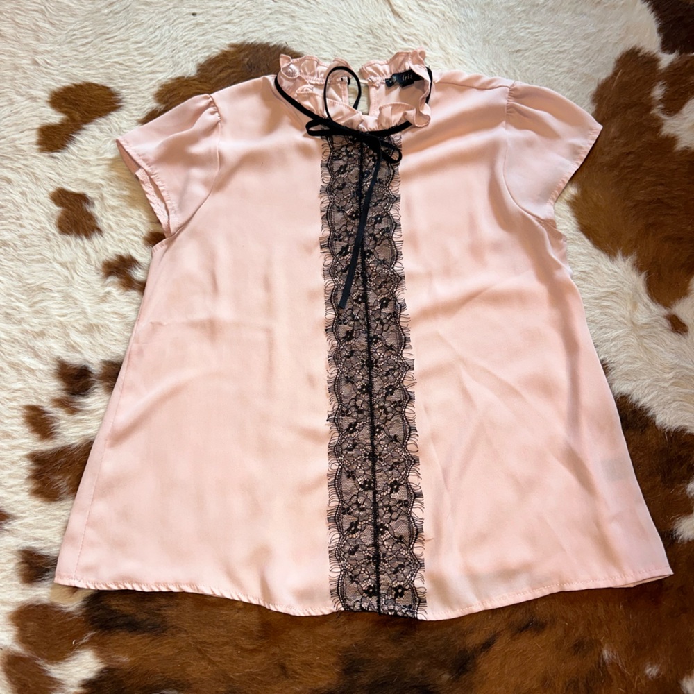 Pink Blouse with Black Lace Detail